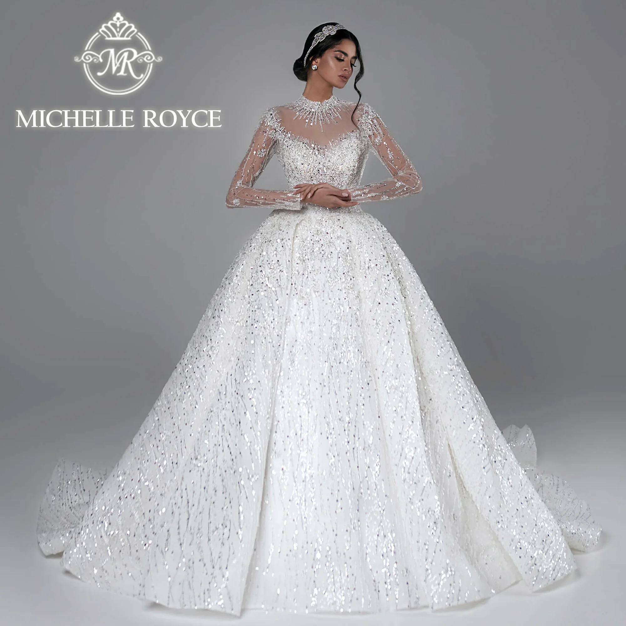 Michelle Royce Exquisite Ball Gown Wedding Dresses For Woman Sexy O-Neck Backless Sequined Lace Wedding Gown Vestidos De Novia