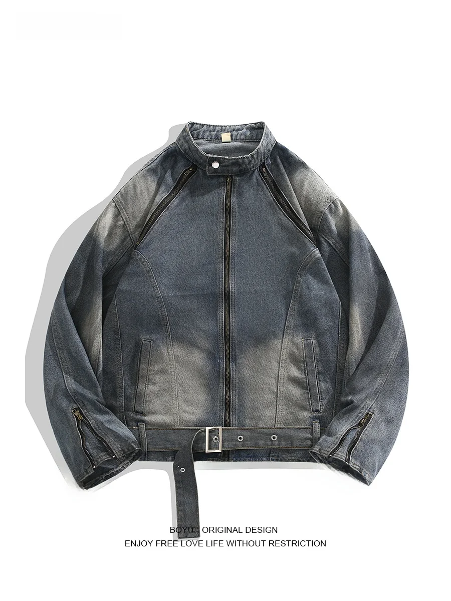 

Boyue Retro Tie Dye Zipper Denim Jaet Faionable Cool Men's Workwear Deconstructed Patchwork Belted Waist Jaet