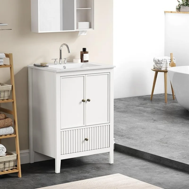24'' Bathroom Vanity with Sink, Modern Bathroom Vanity Sink Cabinet with Doors and Fluted Drawers, Free Standing Bathroom Storage Cabinet with Sink Combo Set, White