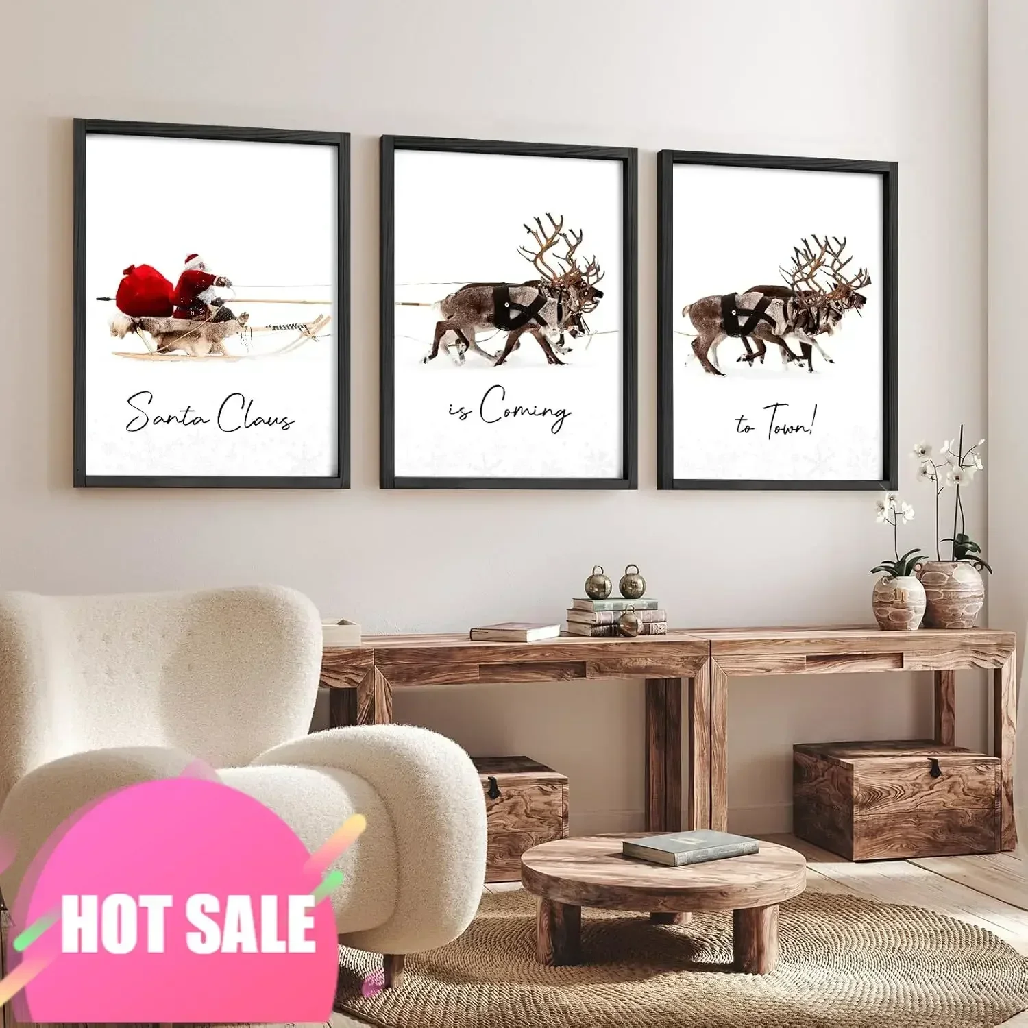 Hot salesExclusive Offer Framed Set of 3 Christmas Wall Art Christmas Santa Claus with Sleigh Deer for Christmas Wall Decor Prin
