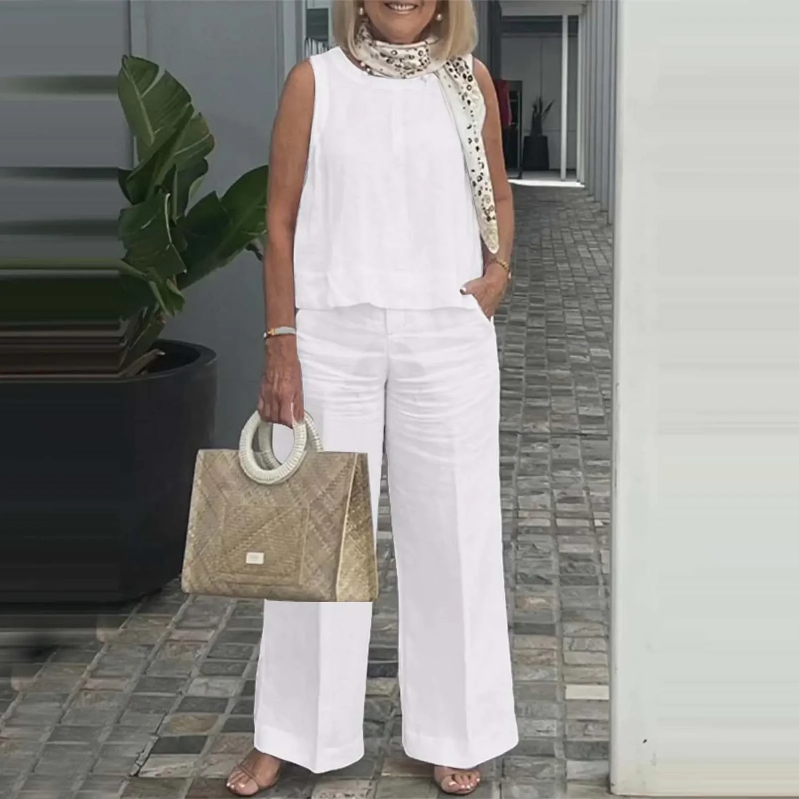 

Summer Womens Clothing Set Sleeveless Top Solid Color Casual Wide Leg Pants Two Piece Women Suits Conjuntos De Pantalones