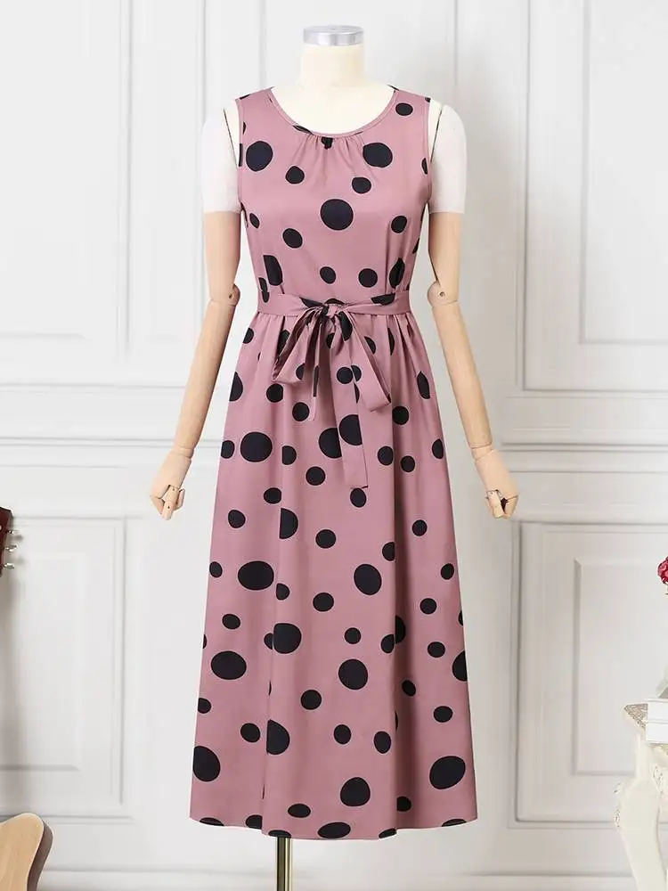 ZANZEA Women Sleeveless Long Vestidos Polka Dot Kaftan Dress Summer Casual 2024 Korean Loose Tank Robe Elegant Belt Waist Dress