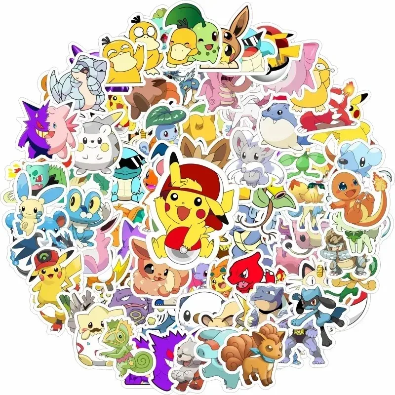 50/100 buah stiker Pokemon dekorasi Anime Pak Kawaii anak estetika lucu buku sketsa anak-anak alat tulis anak-anak klasik