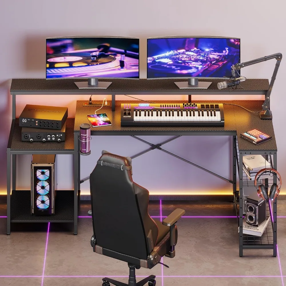 

Gaming Desk with Power Outlet, 71.5 inch LED Computer Desk with Monitor Stand, L Shaped Large Desk with Metal Shelf, Cup Holder