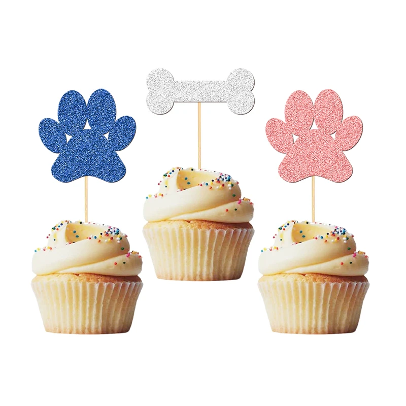 YOMDID 24 Stück Cupcake-Topper für Hunde, glitzernde Welpen, Pfote und Knochen, Cupcake-Topper, Cupcake-Picks für Hunde, Geburtstagskuchen-Dekoration – Detail 6