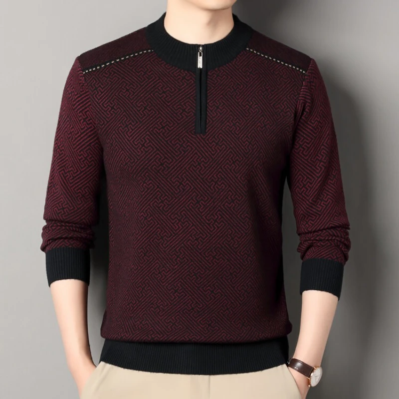 

2025 Winter New Men's Cashmere Texture Knitted Sweater Half High Collar Zipper Jacquard Sweater