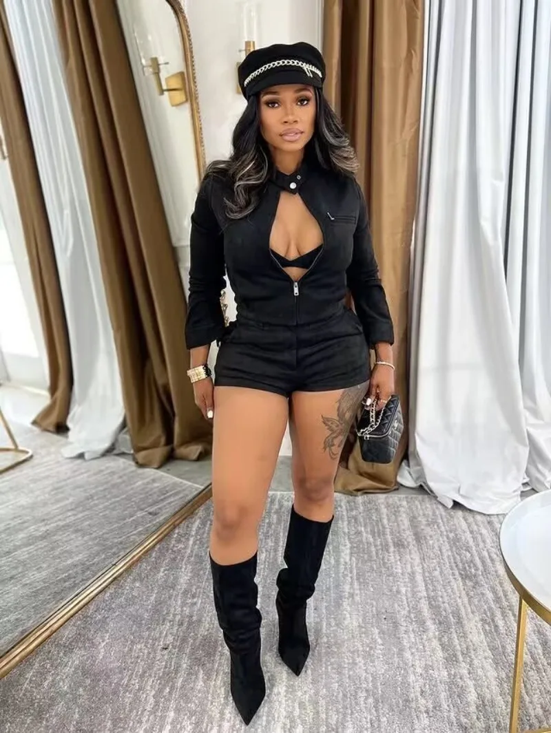 

Suede Casual 2 Piece Set Women Fashion Stand Collar Long Sleeve Zip-up Jacket Crop Tops + Shorts Streetwear Suits Y2K Outfits