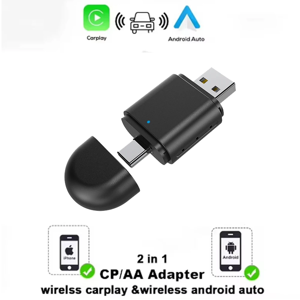 

USB&Type-C 2-in-1Carplay Dual Connector Adapter for Apple Carplay Android Auto Wired to Wireless Carplay dongle Smart Box