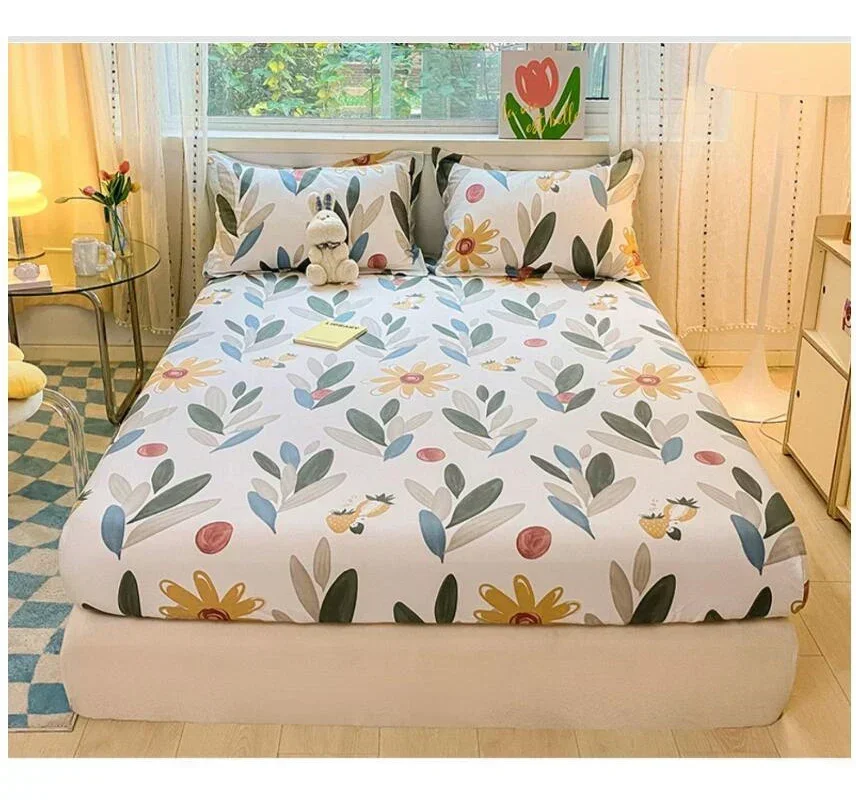 100% Cotton Bed Sheet With Elastic Band Flower Aerospace Print Bed Fitted Sheet + 2pc Pillowcases Queen King Cal-King Size B82A