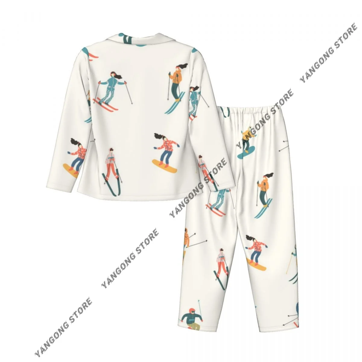 طقم بيجامات نسائية بنمط رياضي شتوي على الجليد مكون من قطعتين ملابس نوم بأزرار سفلية وأكمام طويلة