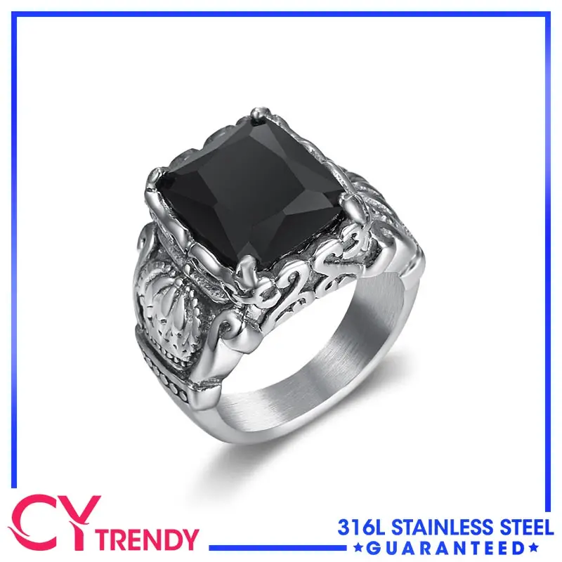 

Men's Fashion Jewelry Vintage Stainless Steel Crown Black CZ Stone Rings Size 7-14