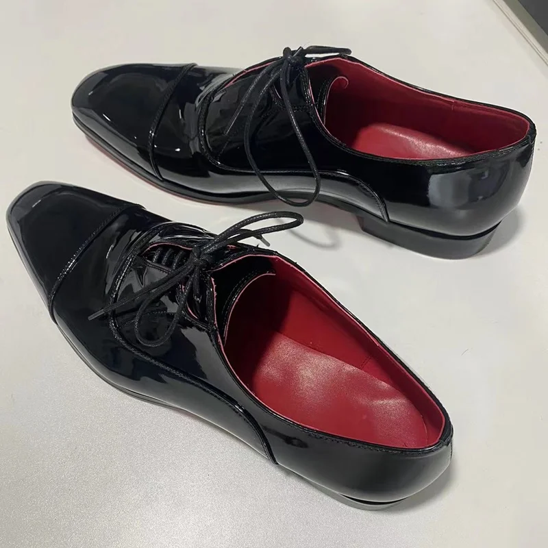 LOUBUTEN Black Patent Leather Dress Shoes Luxury Designer Lace-up Pointed Toe Oxford Shoes For Men Red Bottom Wedding Shoes