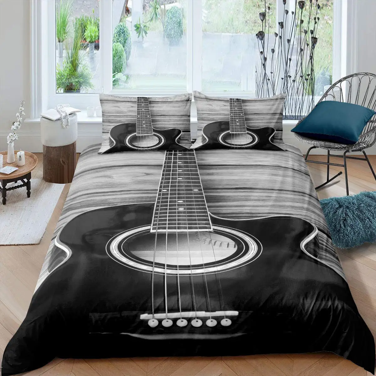 Guitar Duvet Cover Set Music Theme Bedding For Teens Microfiber Vintage Grey Guitar On Wooden Floor Quilt Cover Queen King Size