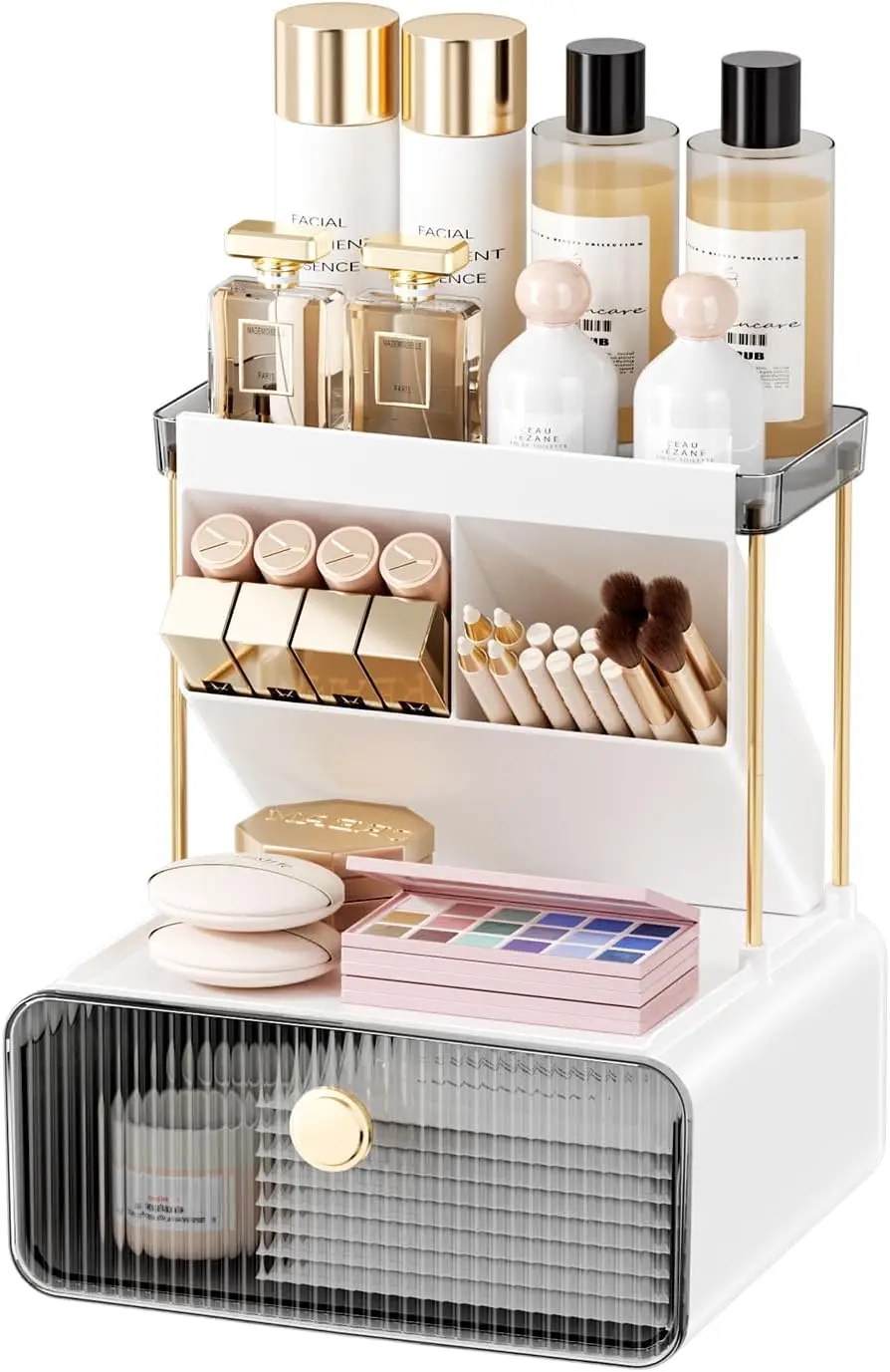 2026 new model makeup organizer with drawer, shelves, and brush storage slots, suitable for vanity table and dresser