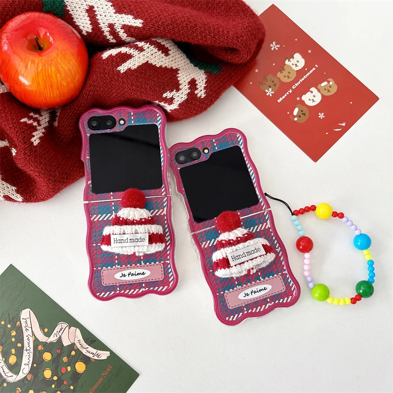 3D Christmas Hat Bracelet Phone Case For Samsung Galaxy Z Flip 6 3 4 5 Wave Clear Shockproof Cover For Samsung Z Flip6 ZFlip6