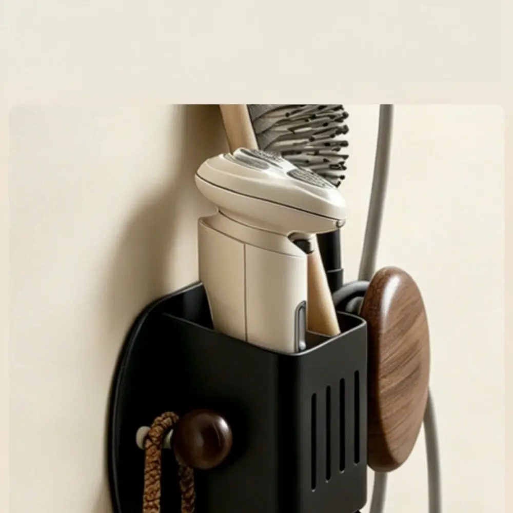 Bathroom Hair Dryer Storage Stand Walnut Finish Wall Mount Organizer Hands Free Blow Dryer Rack For Home Bathroom