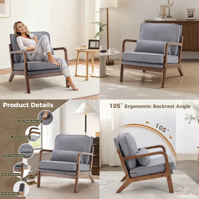 Mid Century Modern Chair Solid Wood Frame Accent Chair Arms Waist Cushion Reading Lounge Chair Adults
