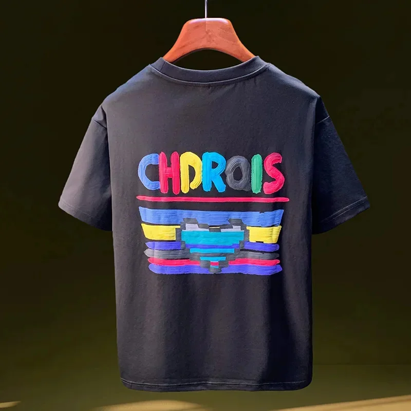 

Летняя футболка 2026, мужская модная ручная работа с иллюстрацией, круглым вырезом, свободная повседневная одежда, топ с короткими рукавами и персонализированным принтом