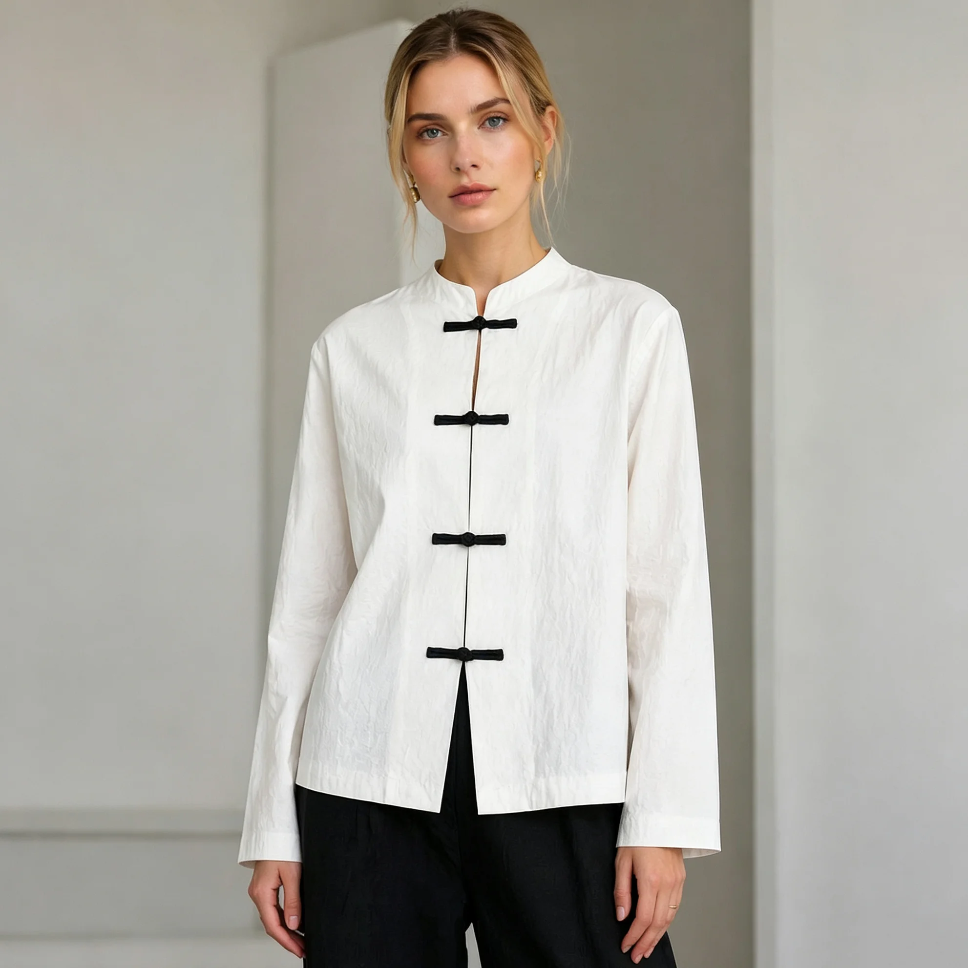RU 2026 Mandarin Stand Collar Frog Knot Blazer Textured Linen Cotton Long Sleeve Loose Open Front Oriental Jacket