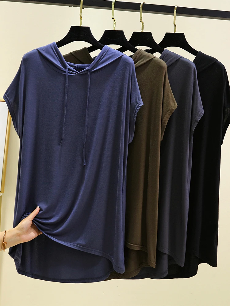 Décontracté Modal ort Sve T-shirt femmes été mince grande taille haut Simple couleur Base irt coupe ample à capuche T-shirt