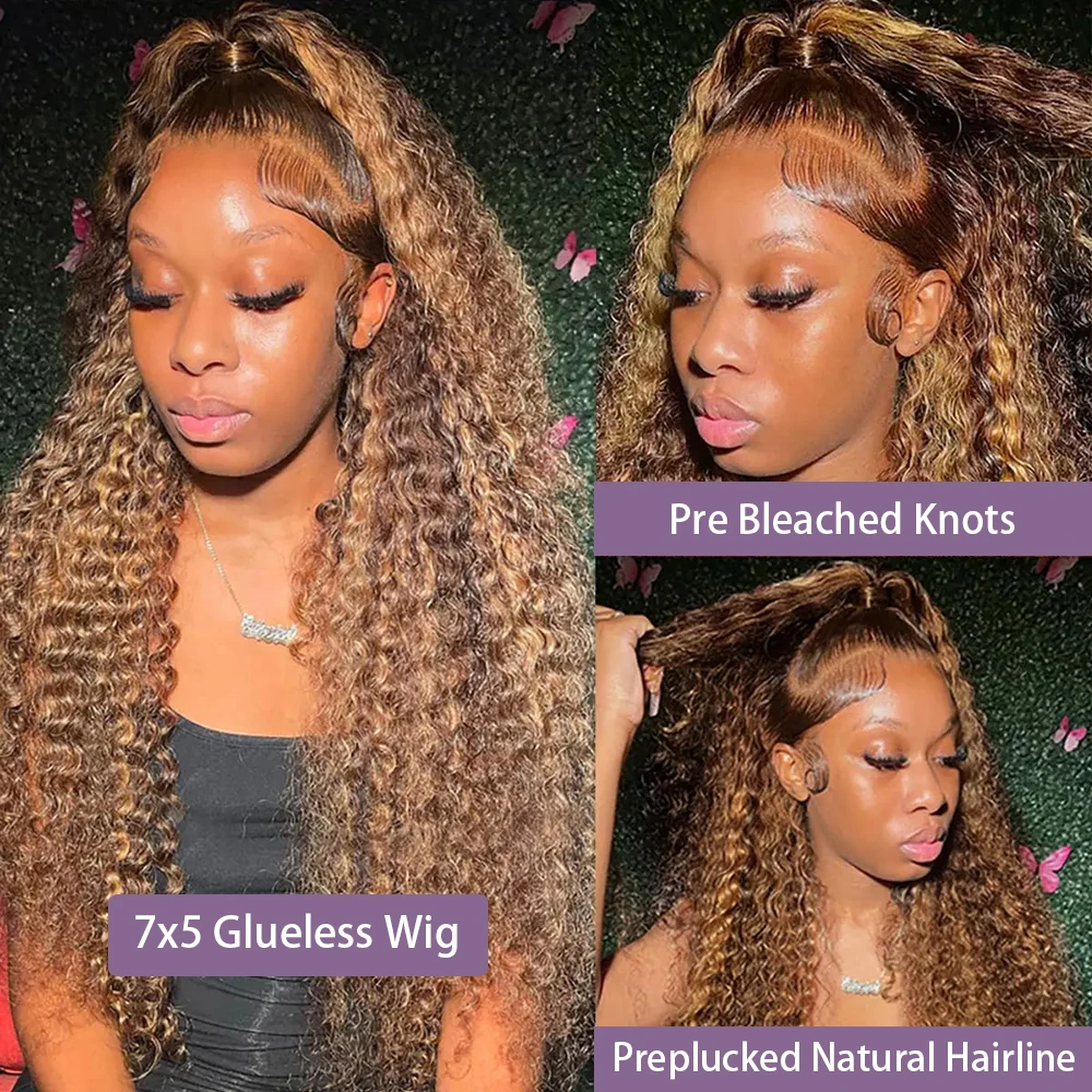 Curly Wave Human Hair Brown Blonde Preplucked Natural Hairline 4/27 Ombre Glueless Wig Pre Cut Lace Lace Blends Into Skin