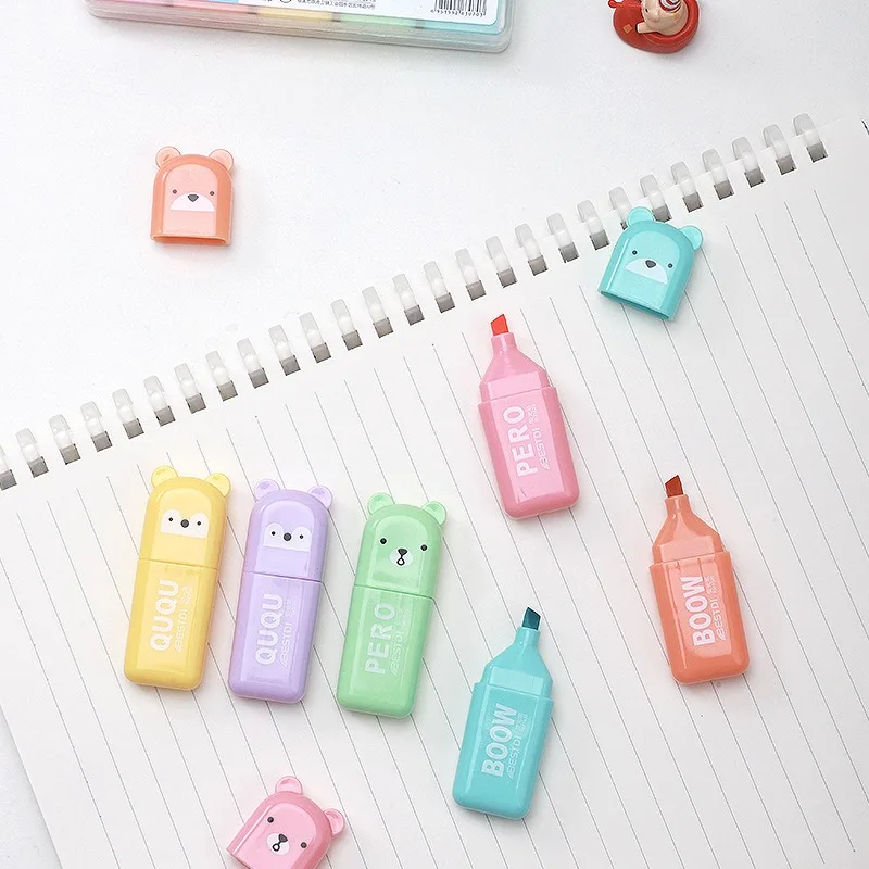 4/6/12 Pcs Kawaii Bear Highlighter Pens Cute Stationery Markers Oblique Tip Candy Color Fluorescent Pastel Pen School Supplies