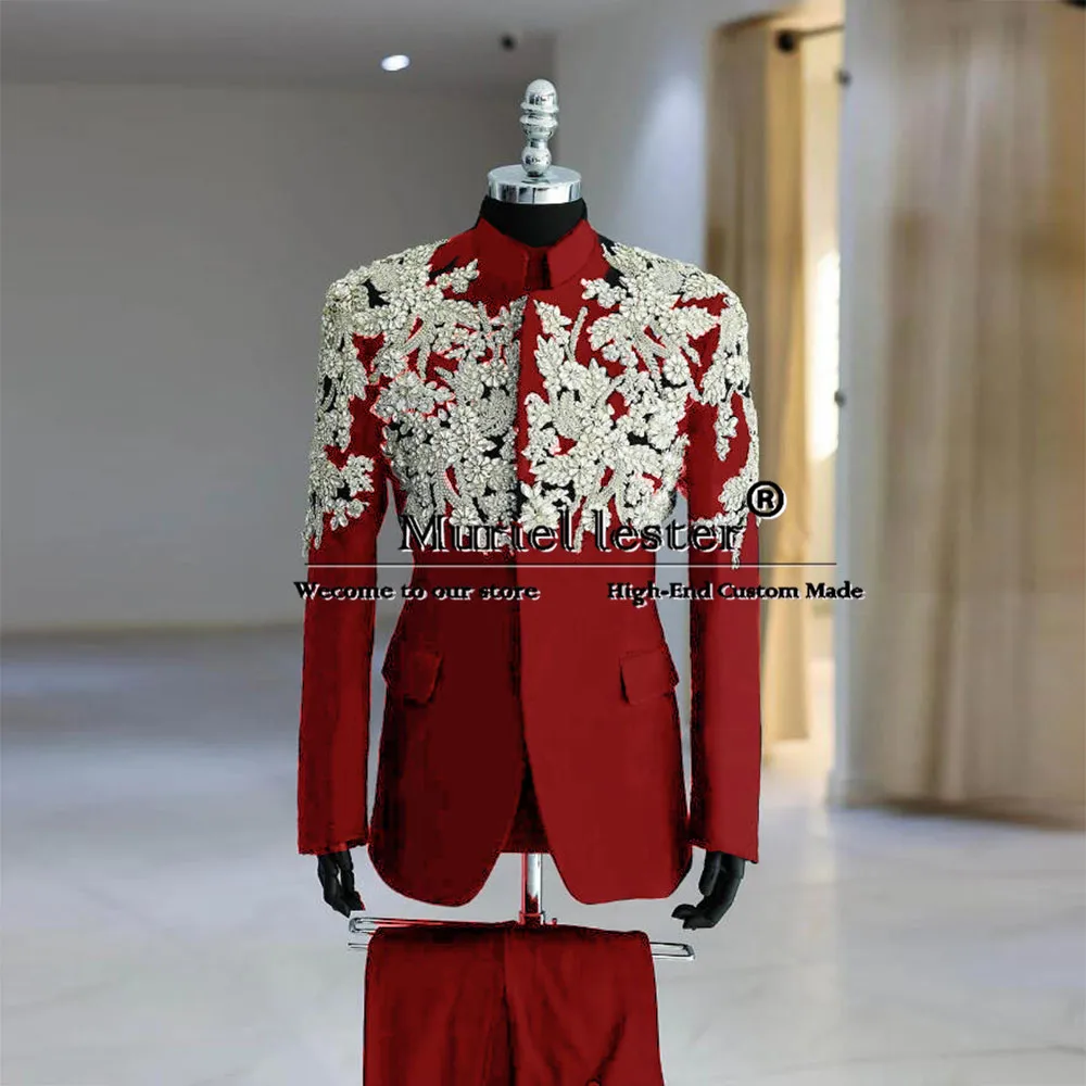 

Man Stanad Collar Suits Sparkly Crystals Beaded Appliques Wedding Groom Tuxedo Custom Made Male Fashion Clothing Prom Blazer