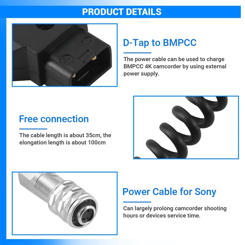 D-Tap To BMPCC 4K 2 Pin Locking Power Cable For Blackmagic Pocket Cinema Camera 4K For Sony V Mount Battery