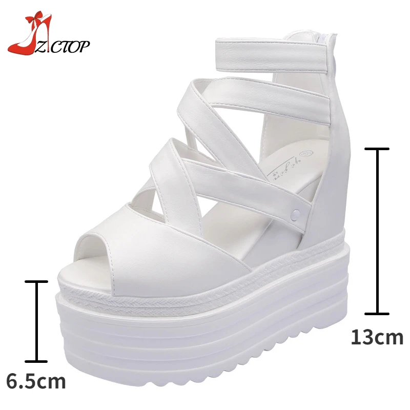 Summer Wedges Thick Bottom Sandals Women Fashion Platform Increase Height Peep Toe Sandals 13cm Super High Heels Black White