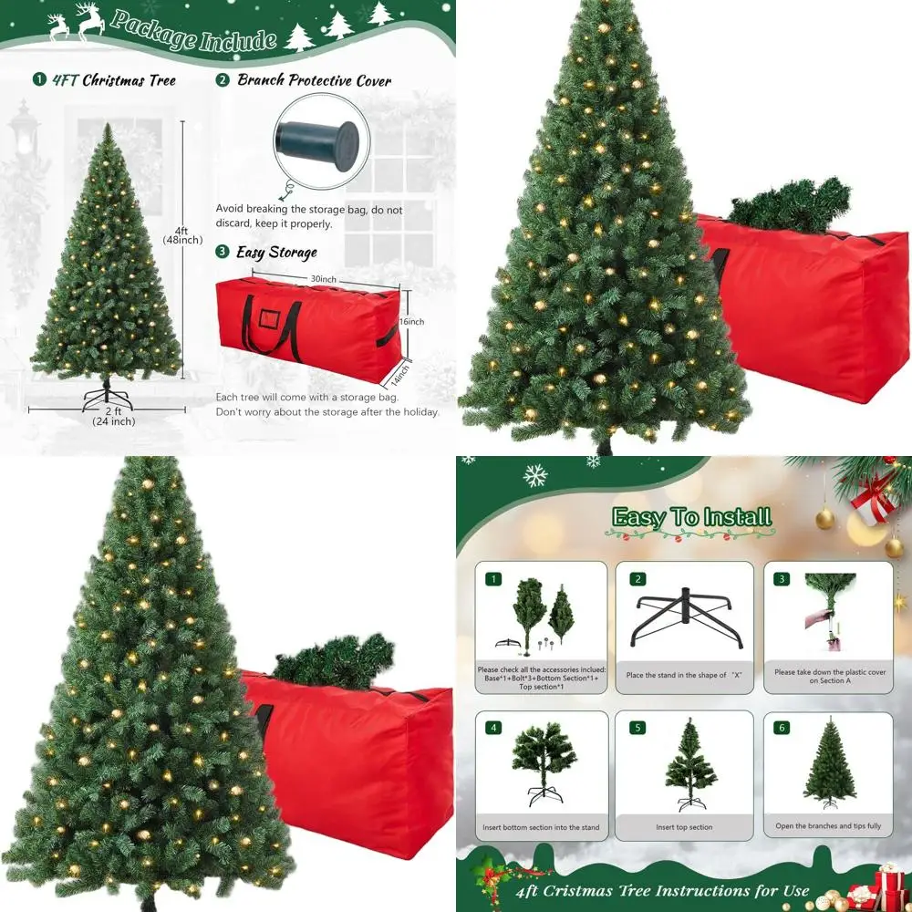 

Искусственная рождественская елка премиум-класса из ели 4 фута с 450 наконечниками и 150 теплыми огнями, складная подставка