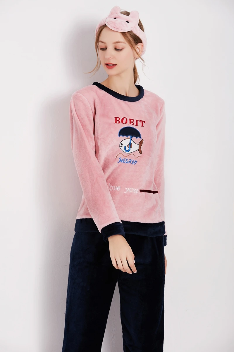 

Women's Flannel Pajama Set Cute Fish Print Long-Sleeve Round Neck Top And Elastic Pants Comfortable And Soft Sleepwear Homewear