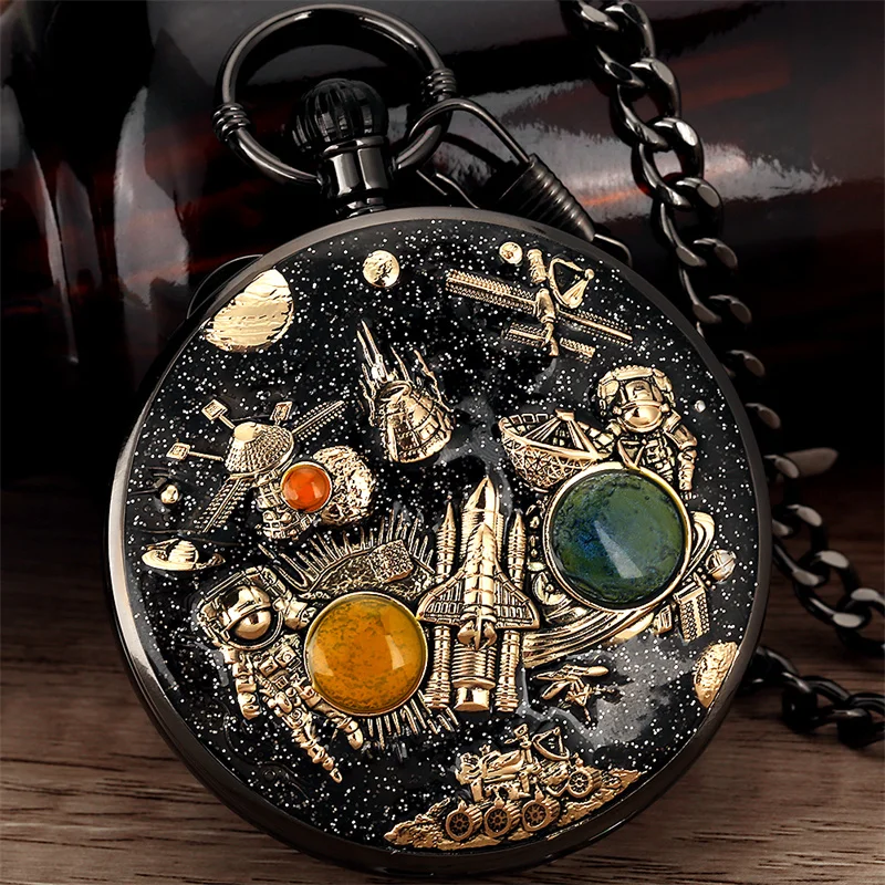 Steampunk-Stil Weltraum-Astronaut Musikalische Quarz-Taschenuhr mit Melodie aus dem Film „Castle in the Sky“, neuartige Zeitmesser mit Anhängerkette – Detail 10