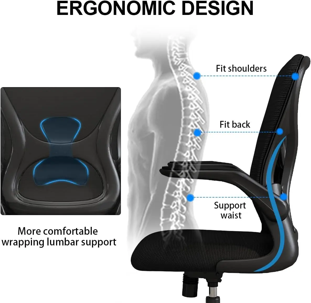 Chaise ergonomique en maille avec support lombaire et accoudoir réglable, pour le bureau et la maison