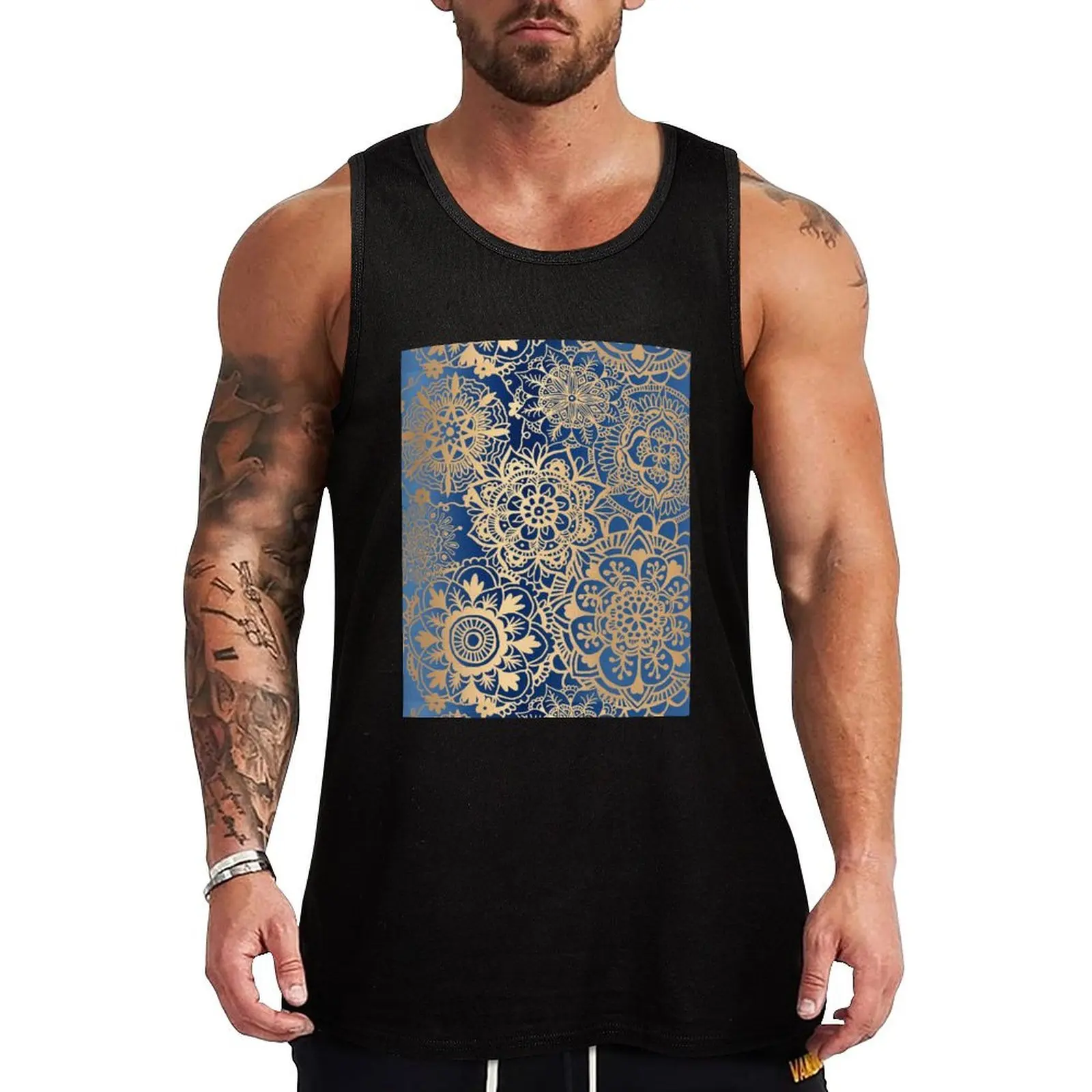

Blue and Gold Mandala Pattern Tank Top Men gym sportswear t-shirt gym man sleeveless shirt man sleeveless shirts