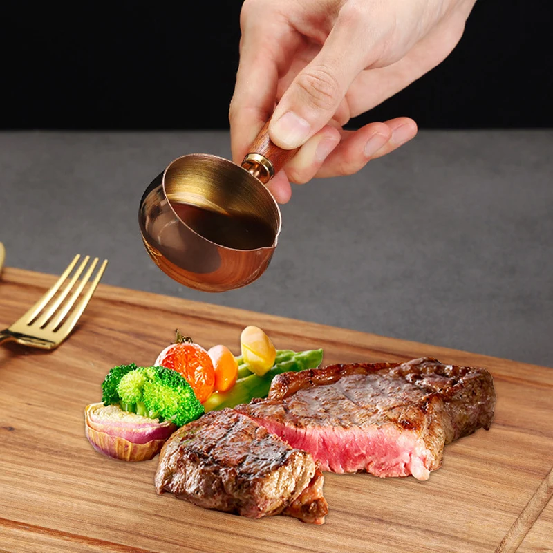 

2025 New High Quality 304 Stainless Steel Sauce Pan Wooden Handle 120ml Seasoning Cup Reusable Measuring Spoon Steak