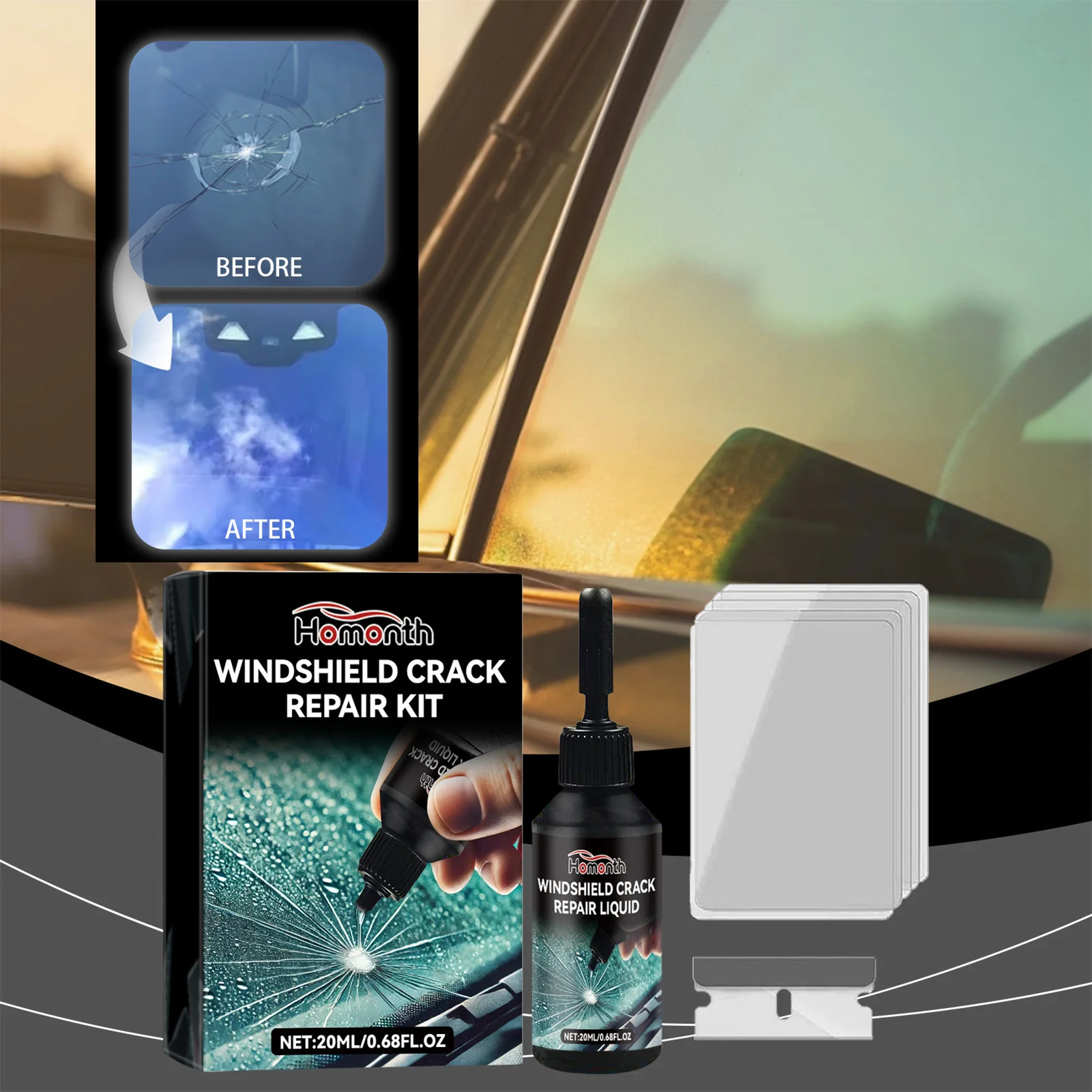 

Windshield Crack Repair Kit Convenient to Carry Swift Repair with Compact Size Suitable for All Types of Laminated Windscreen