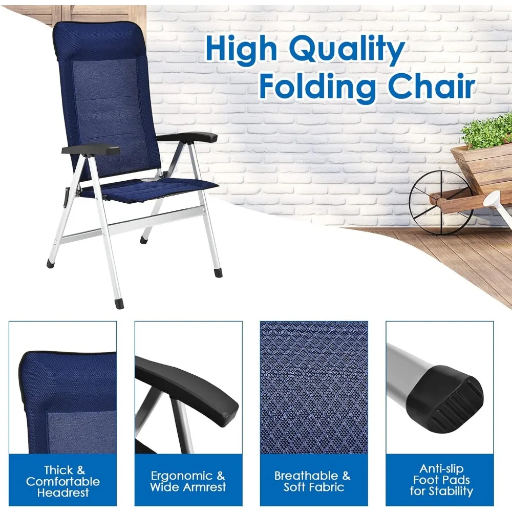 Conjunto de 2 cadeiras dobráveis para pátio, reclináveis com 7 posições ajustáveis e apoios de cabeça acolchoados, ideais para uso ao ar livre