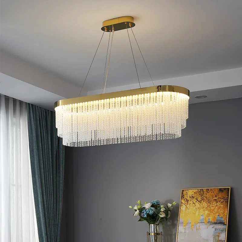 Dining Room Luxury Oval Glass Rod pendant Light led suspension Tri-color LED chandeliers Gold Bar Kitchen Lighting for home deco image 2