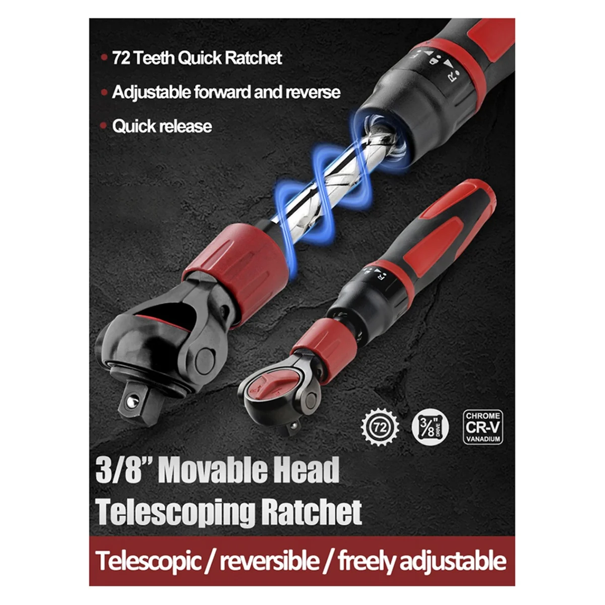 

ABNJ 3/8inch Drive Ratchet Wrench Steel 72 Tooth Ratchet Flexible Head Wrench Switches Wrench Hand Tool