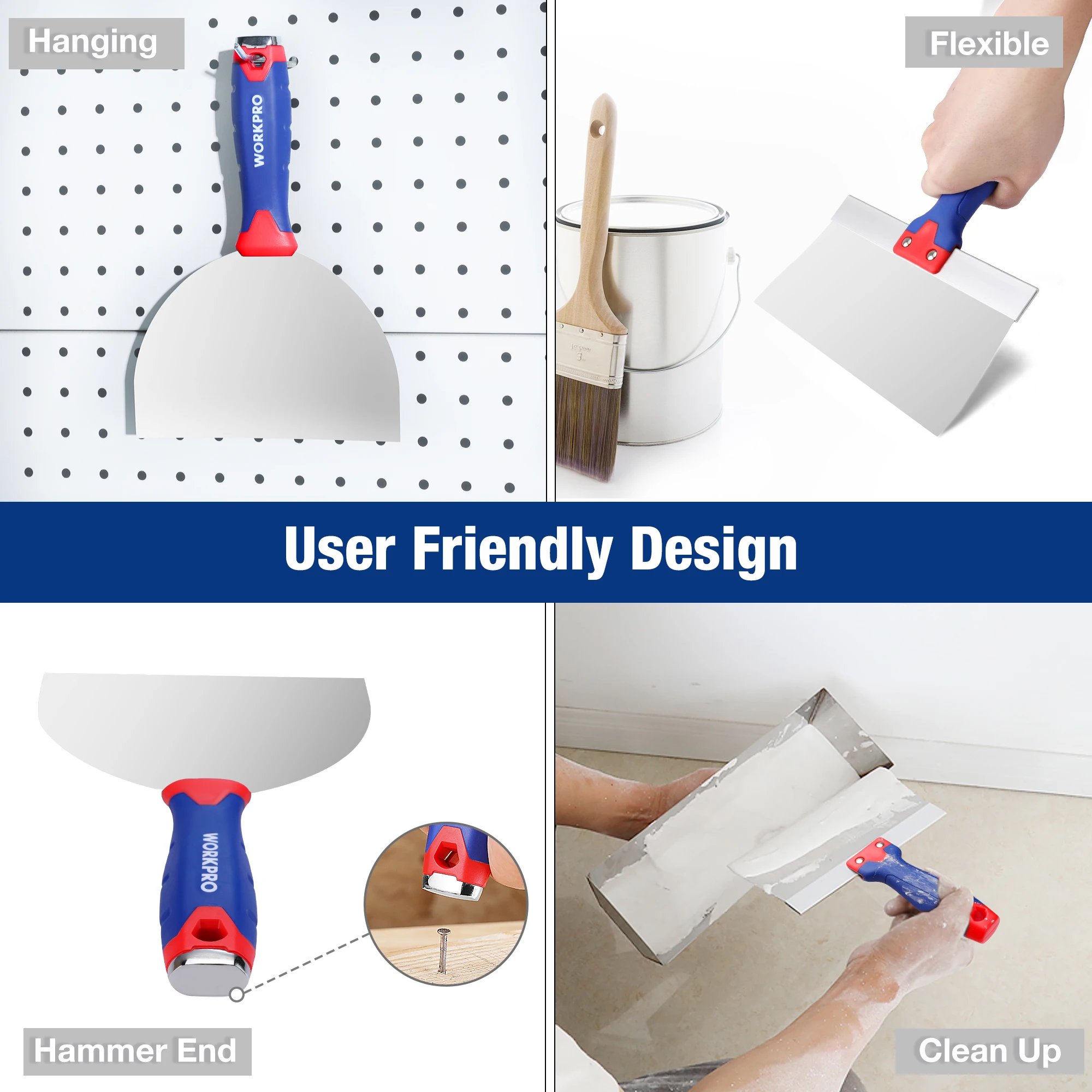 WORKPRO Outils pour cloisons sèches, couteau à mastic en acier inoxydable, couteau à ruban, grattoir à peinture 8 en 1 avec poêle à boue, ensemble de couteaux à crachoir pour cloisons sèches