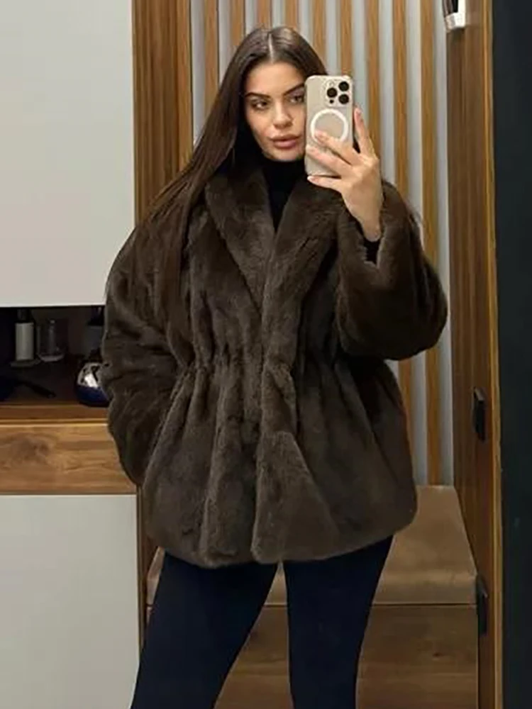 Thicken Faux Fur Drawstring Waist Coats Women Elegant Solid V-neck Lapel Collar Loose Outerwear New Winter Daily Holiday Outfit