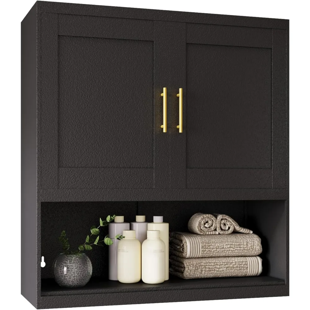 

Metal Bathroom Kitchen Wall Cabinet, Bathroom Cabinet Wall Mount with 2 Doors and Open Shelf, Over The Toilet Wall Storage Cabin
