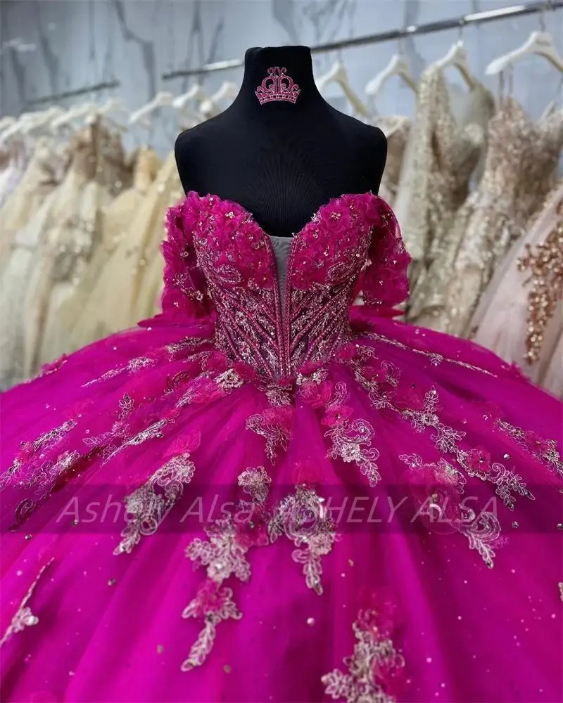 Customized Mexican Fuchsia Princess Girl Quinceanera Dresses Cap Sleeve Flower Beading Bow Puffy Skirt Women Prom Party Dress 15