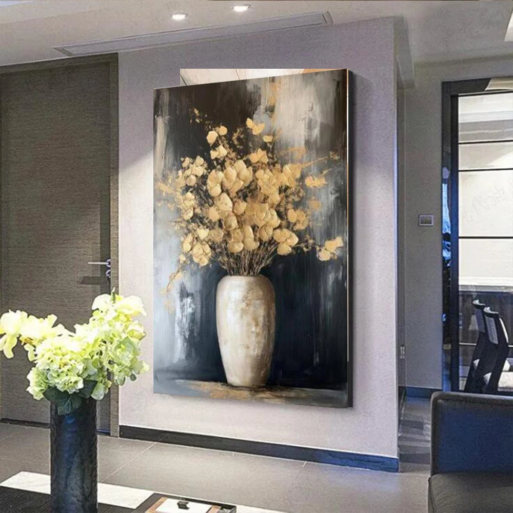 

100% Handmade Abstract Oil Painting Still Life Work Gold Flower Wall Art Picture Big Mural For Home Living Room Decor Image Gift