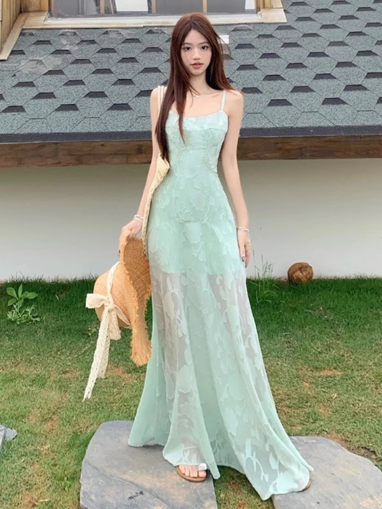 พิมพ์ลูกไม้ Camis ชุดผู้หญิงฤดูร้อน Holiday ชุดยาวสายเกาหลีแฟชั่นเซ็กซี่สูงเอวสปาเก็ตตี้ Vestidos De Mujer