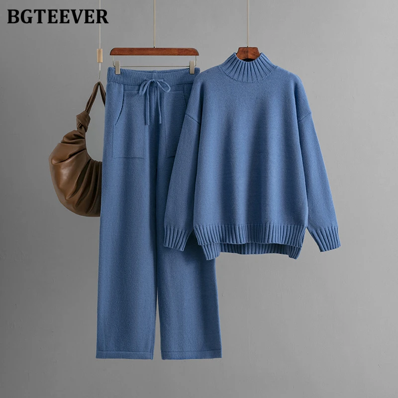 BGTEEVER Stylish Thicken Warm Loose Female Knitted Outfits Long Sleeve Half High Collar Sweaters Women Drawstring Trousers Suits