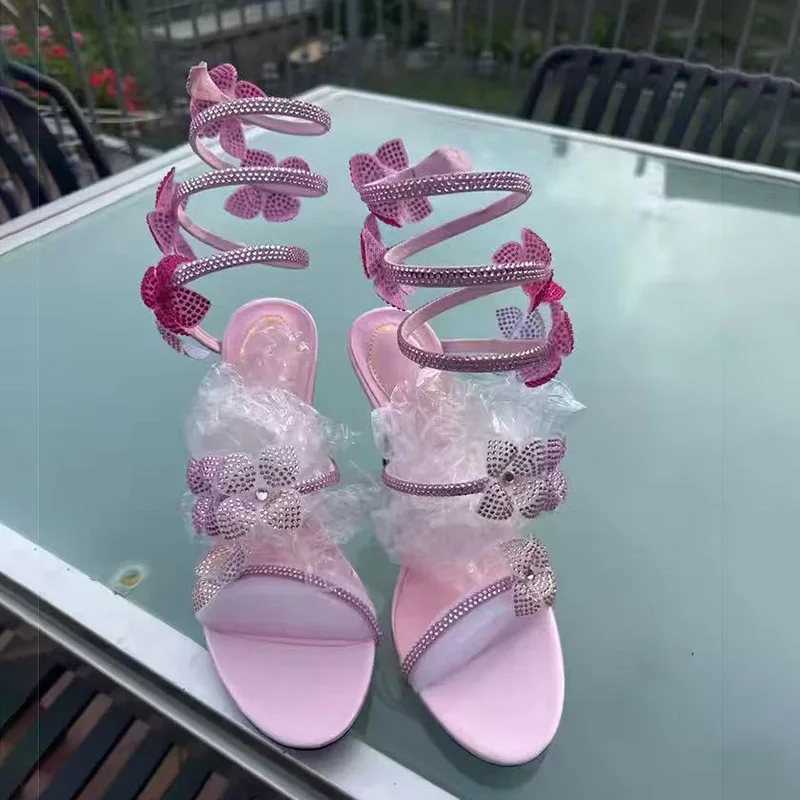 Aneikeh Crystal Flower Women Sandals Snake Ankle Wrap Stiletto High Heels Open Toe Rhinestone Floral Banquet Party Dress Shoes
