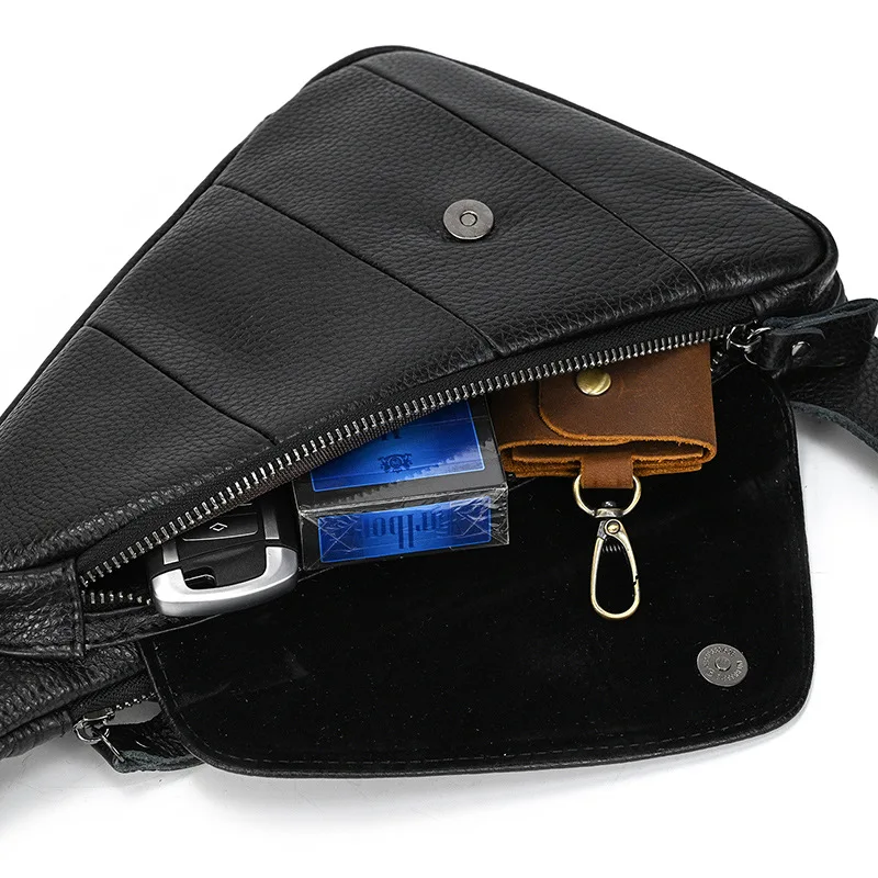 Saco de couro genuíno, sacos crossbody triangular, pacote de dia frontal no peito, uma alça de ombro, mochila para homens e mulheres