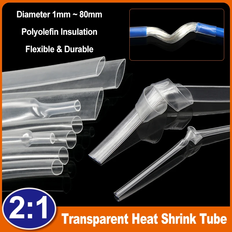

2:1 Transparent Heat Shrink Tube 0.6mm ~ 80mm Clear Polyolefin Shrinkable Sleeve Wrap Wire DIY Connector Repair Cable Protecctor