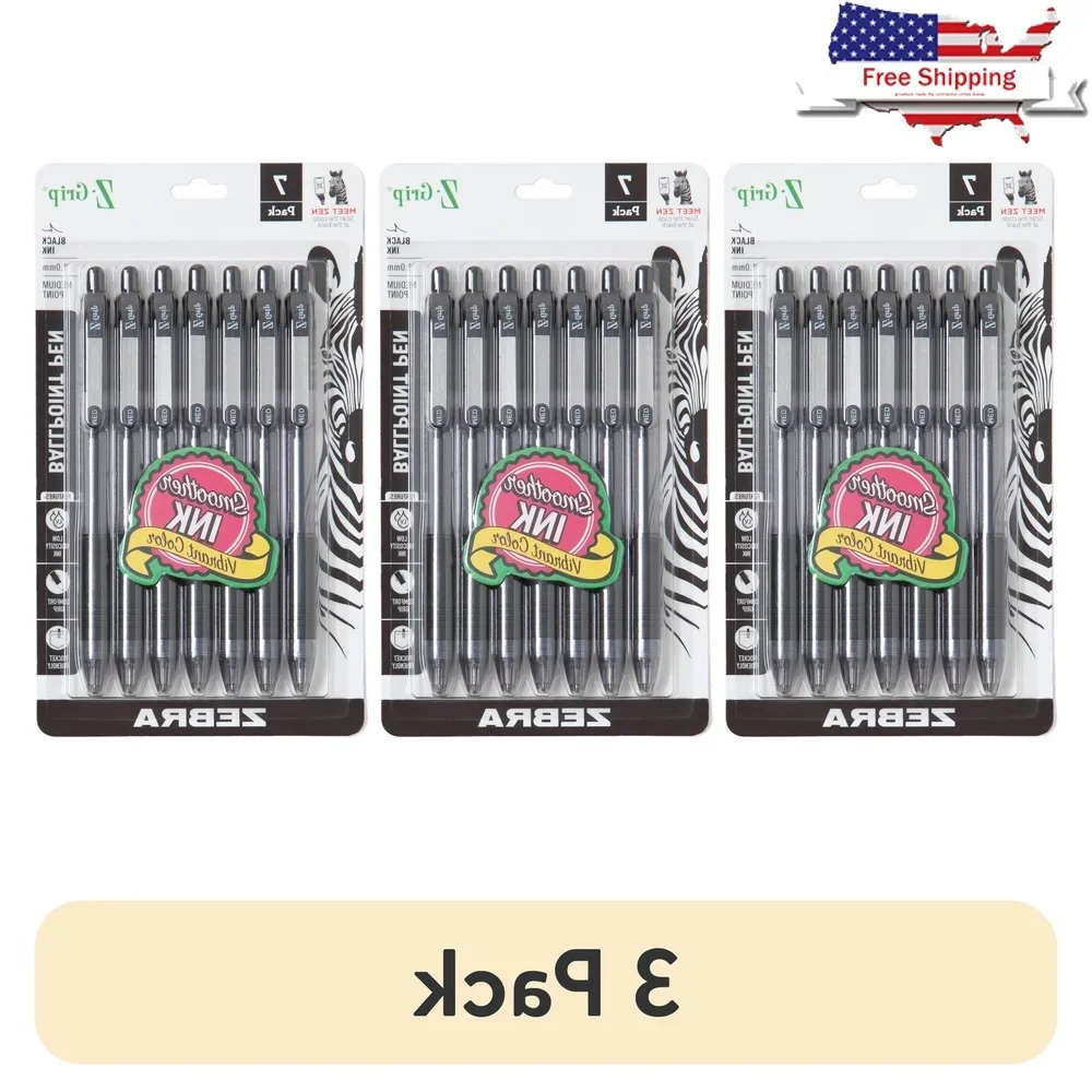 

3 Pack Retractable Ballpoint Pens Medium Point 1.0mm Black Ink Smooth Writing Comfortable Grip 7 Count Pocket Clip Value Pack